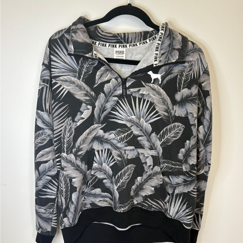 PINK Victoria's Secret Black and Gray Leaf Print Hoodie